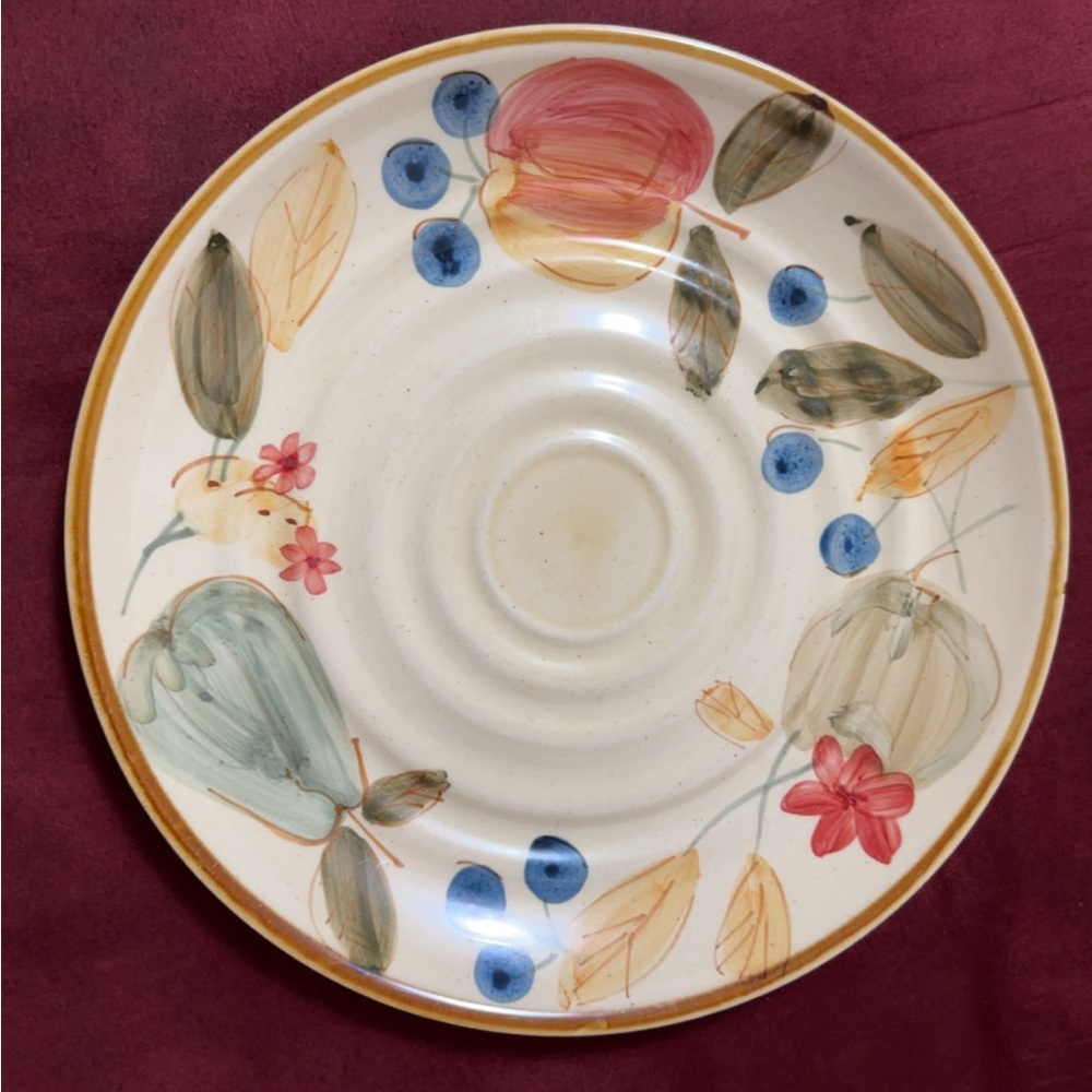 VintageGibson Cream Ceramic Saucer with Blue Berries and Multicolor Floral Motif